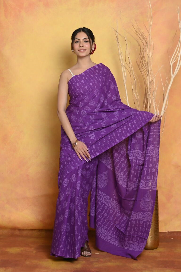 Very Much Indian Handblock Printed Cotton Saree With Natural Dyes - Purple
