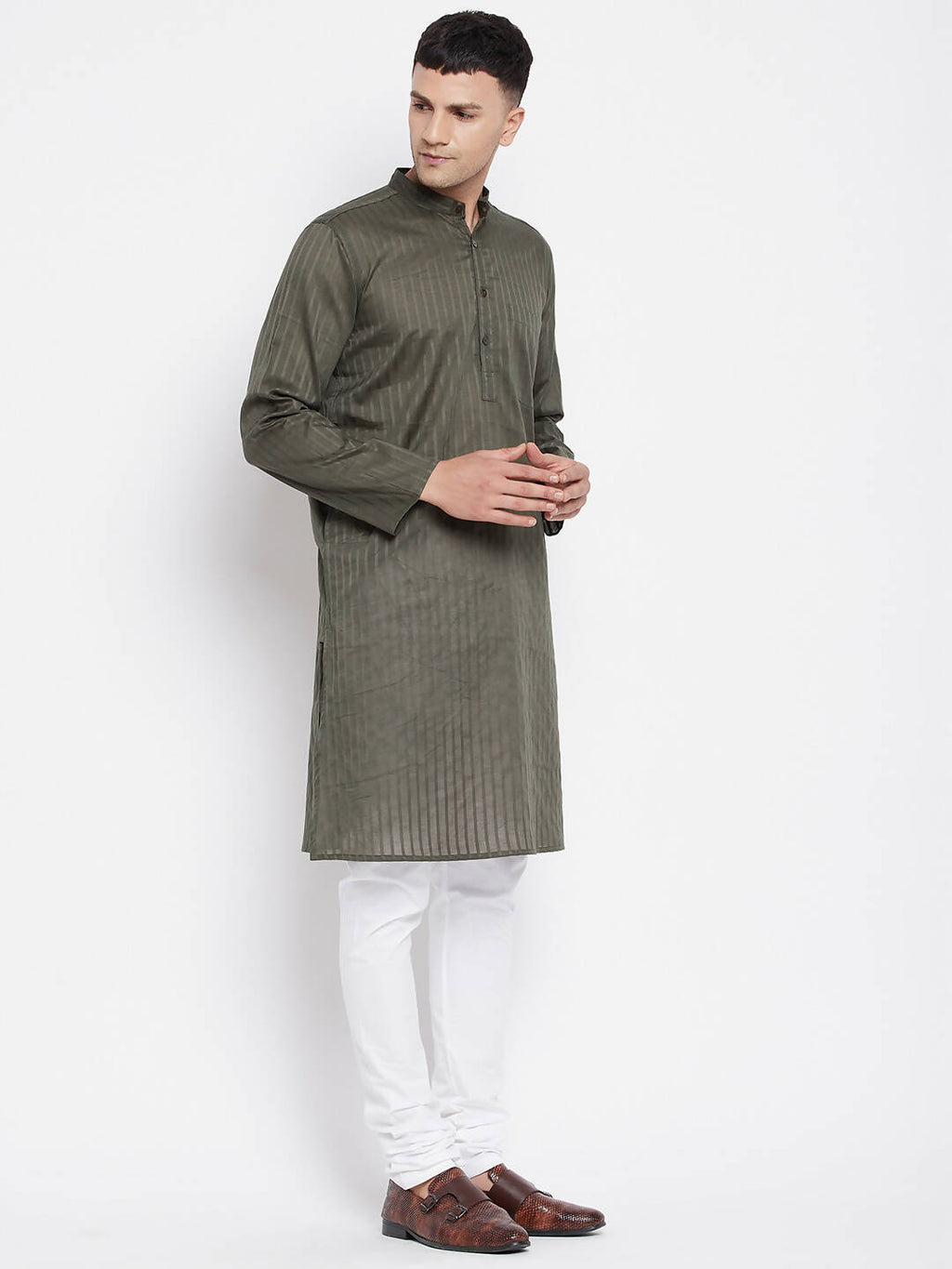 Even Apparels Green Men's Pure Cotton Kurta With Band Collar