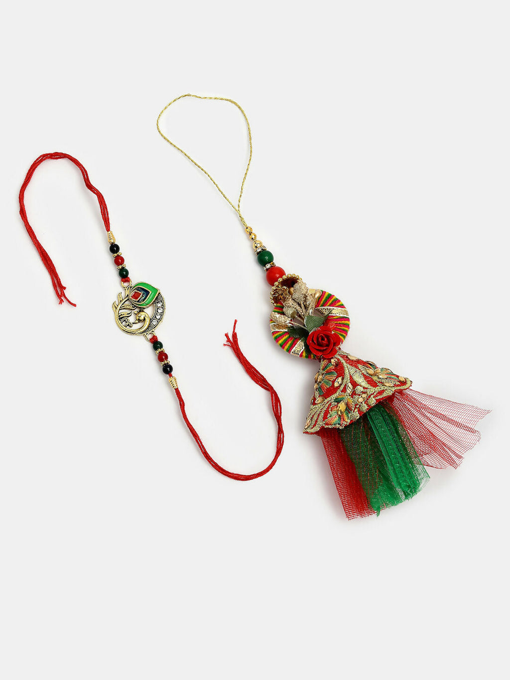 NVR Women & Men Set of 2 Multicolor Peacock Design Bhaiya Bhabhi Rakhi With Roli Chawal