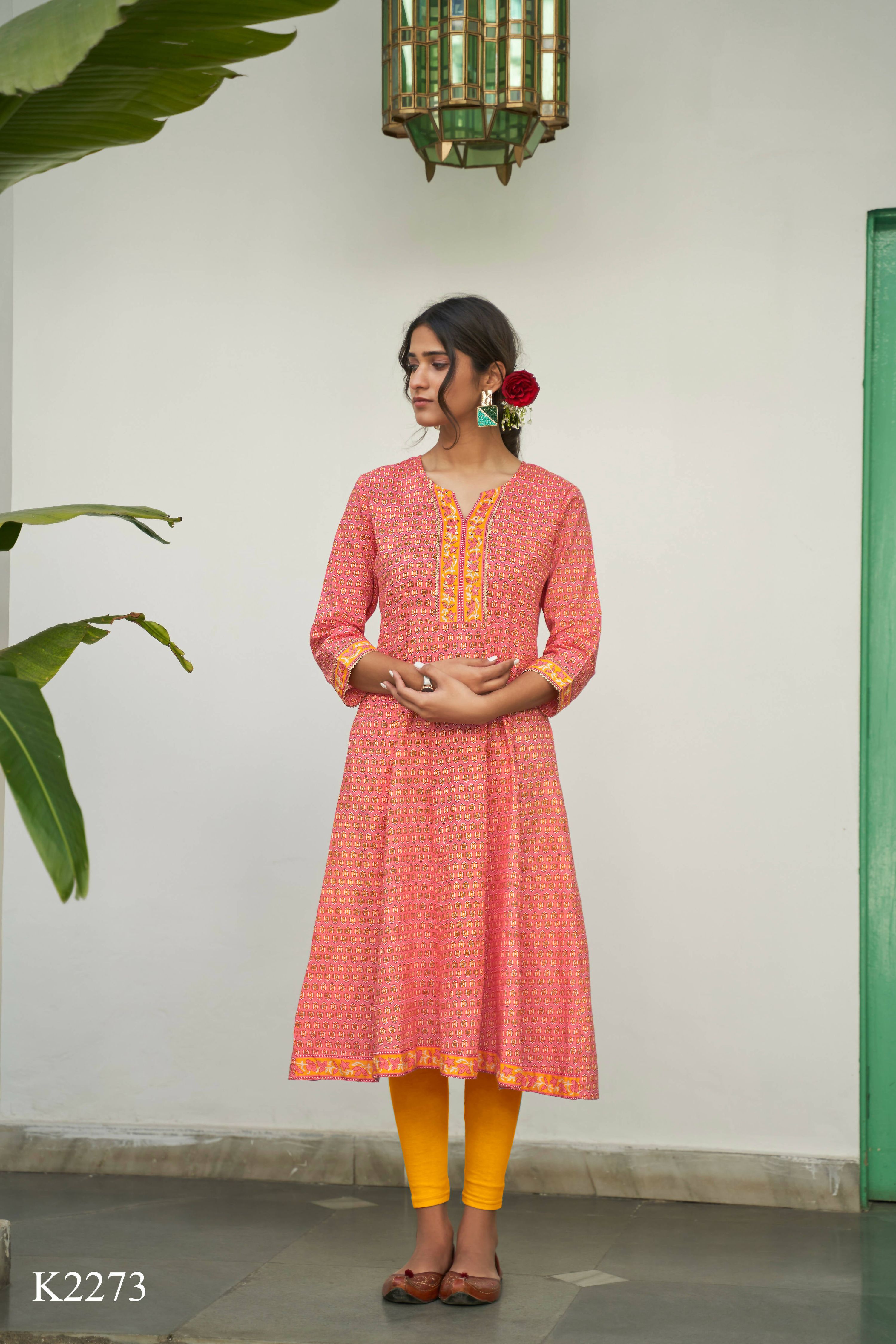 Peach Cotton Floral Printed A line Kurta - Prasuti