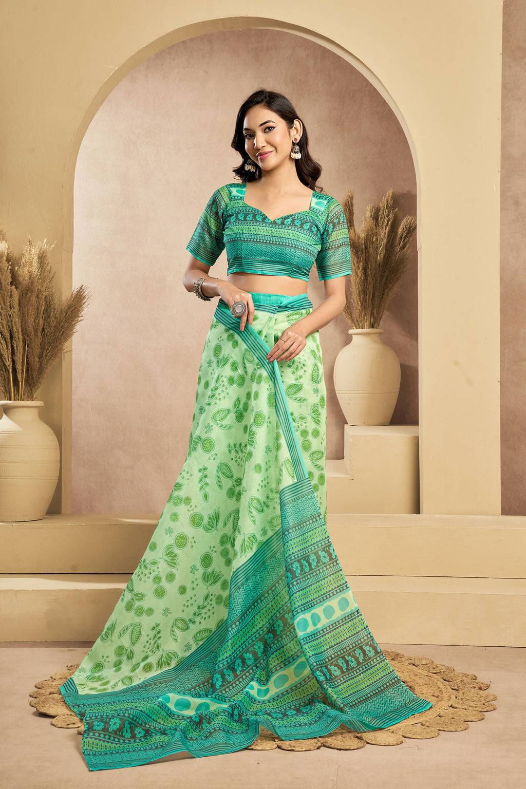 Vastranavya Mint Green Digital Printed Linen Ready To Wear Designer Saree with Unstitched Blouse