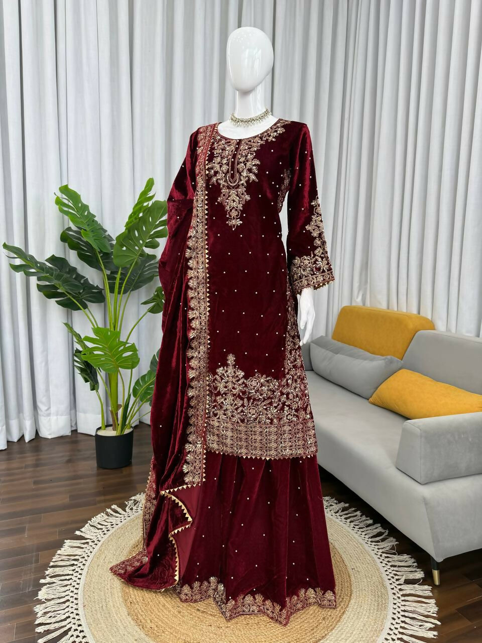 Vastranavya Maroon Viscose Velvet Cording Sequence With Moti Work Top-Bottom With Dupatta