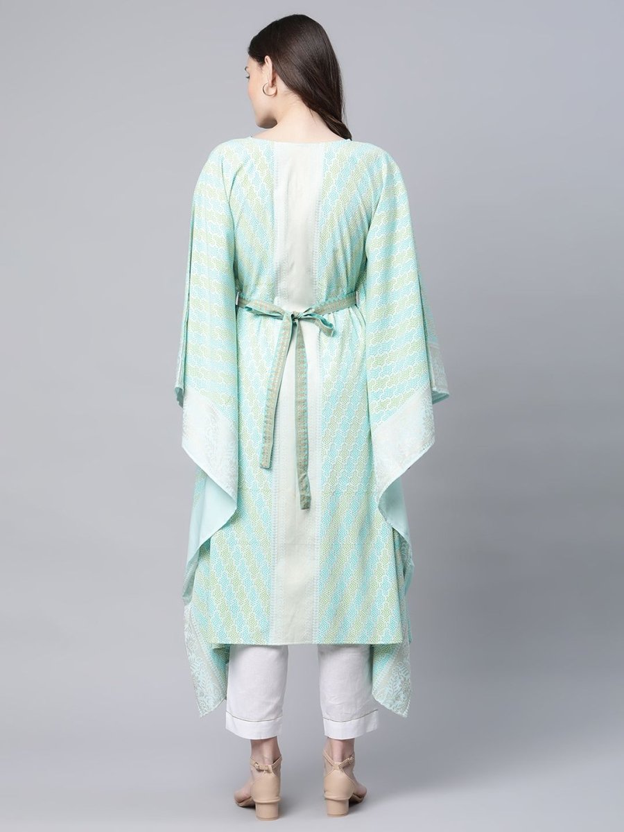 Ahalyaa Women Sea Green Crepe Printed Kaftan Kurta