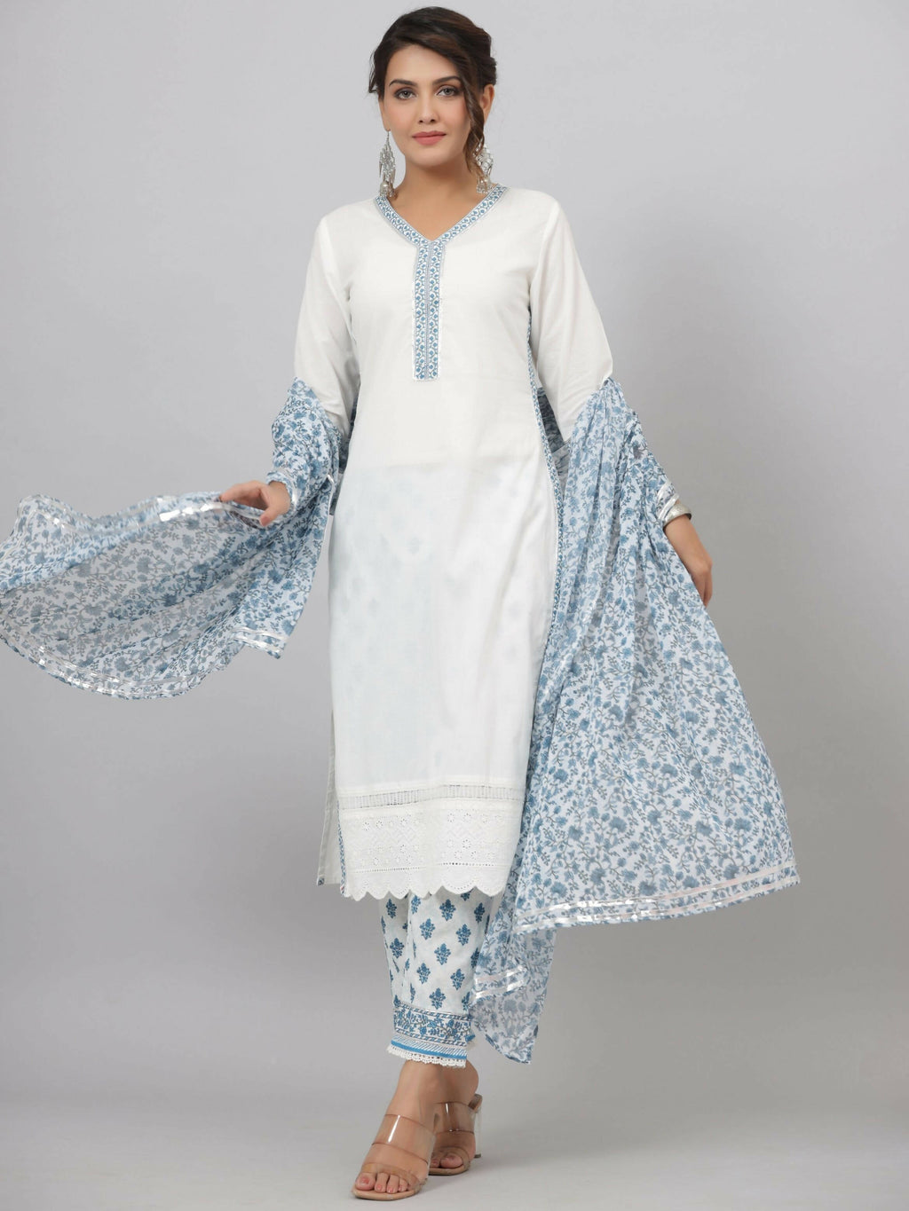 Juniper Women's White Cotton Cambric Solid Kurta Floral Printed Pant & Dupatta Set