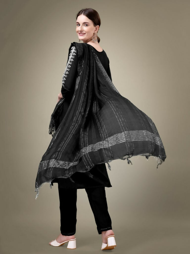 Jyoti Fashion Women's Black Cotton Blend Embroidery & Sequence work Kurta with Trouser & Dupatta