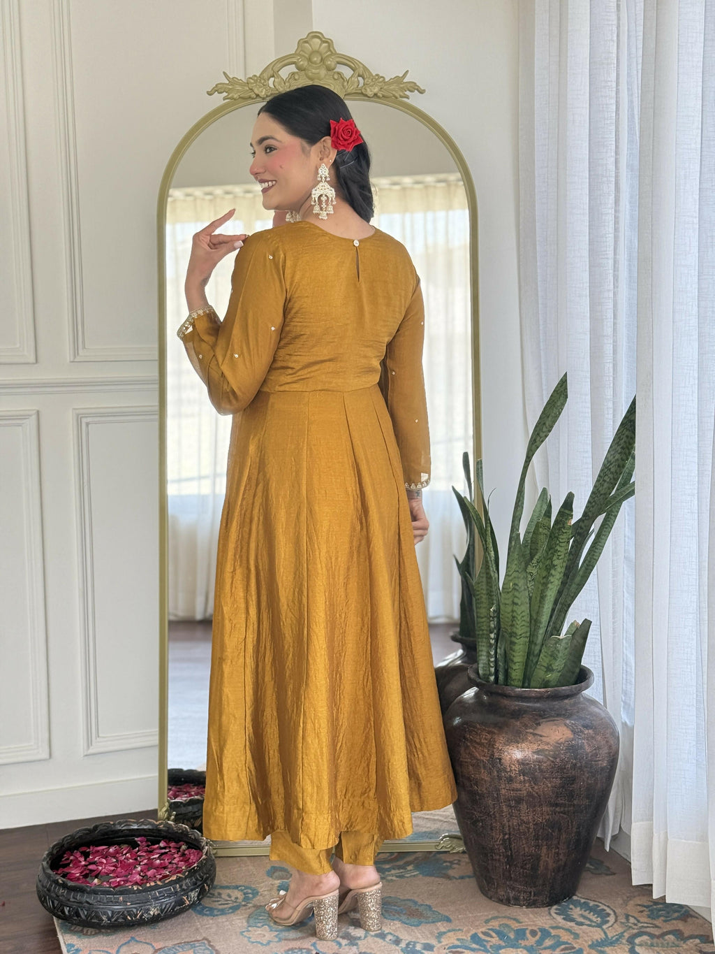 The52 Mustard Women's Gorgeous Embroidered Vichitra Silk Fabric Flared Kurta Pant with Dupatta Set