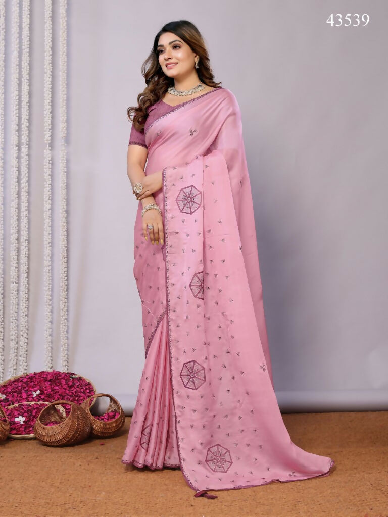 Pink Zari Organza Stone Work All Over Saree - Norita Saumya