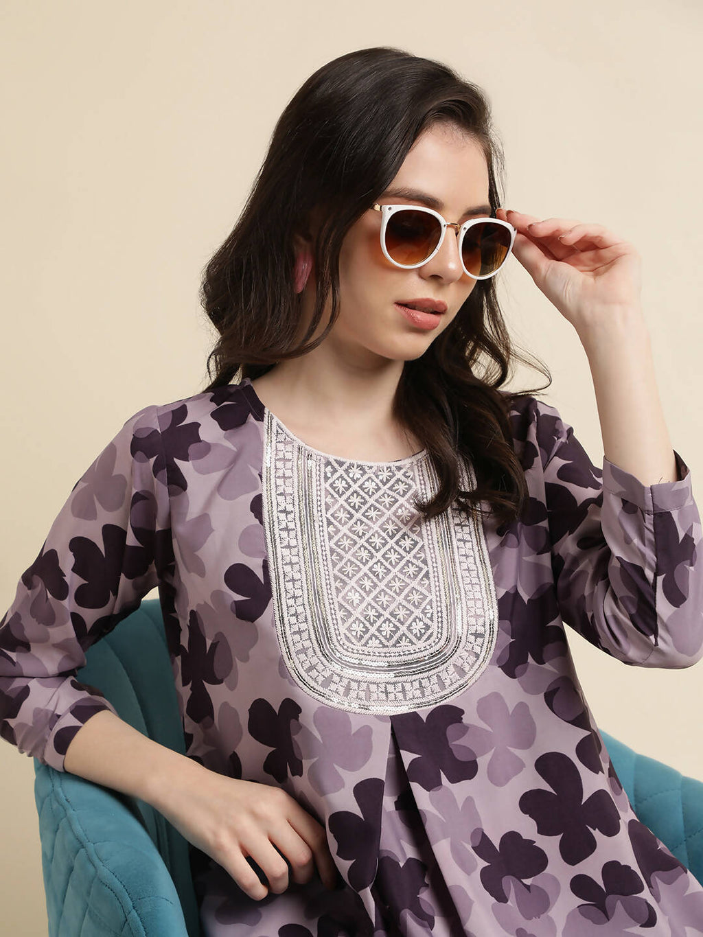 Purple Poly Crepe Digital Printed Top with Matching Bottom - Preeti
