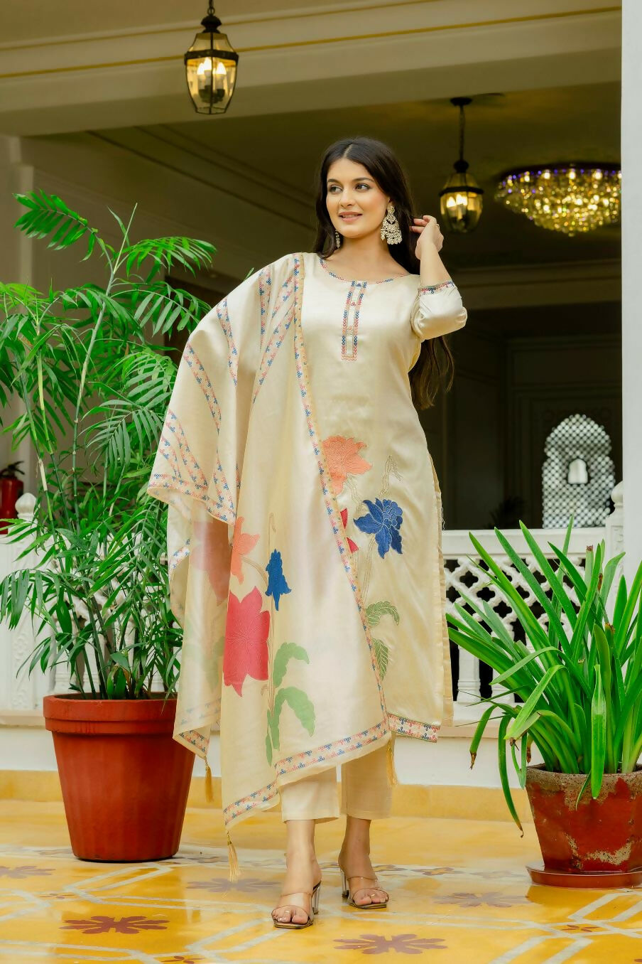 The52 Chiku Women's Beautiful Thread Work Viscose Assam Silk Fabric with Straight Kurta, Pant and Dupatta Set