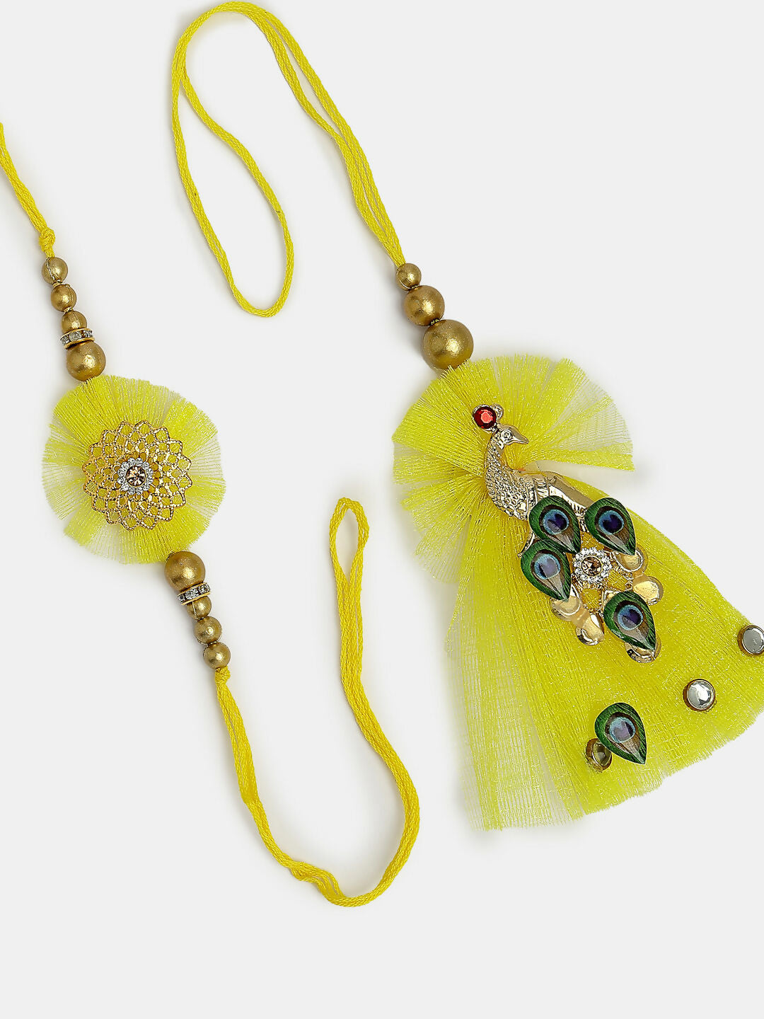 NVR Women & Men Set of 2 Yellow Peacock Design Bhaiya Bhabhi Rakhi With Roli Chawal