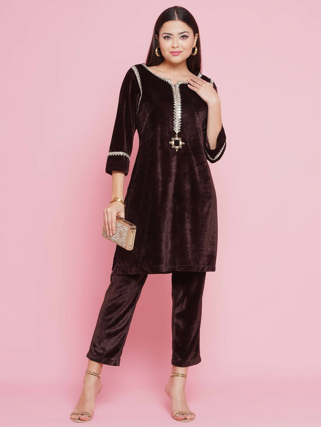 Women Republic Brown Velvet Embellished Co-Ord Set
