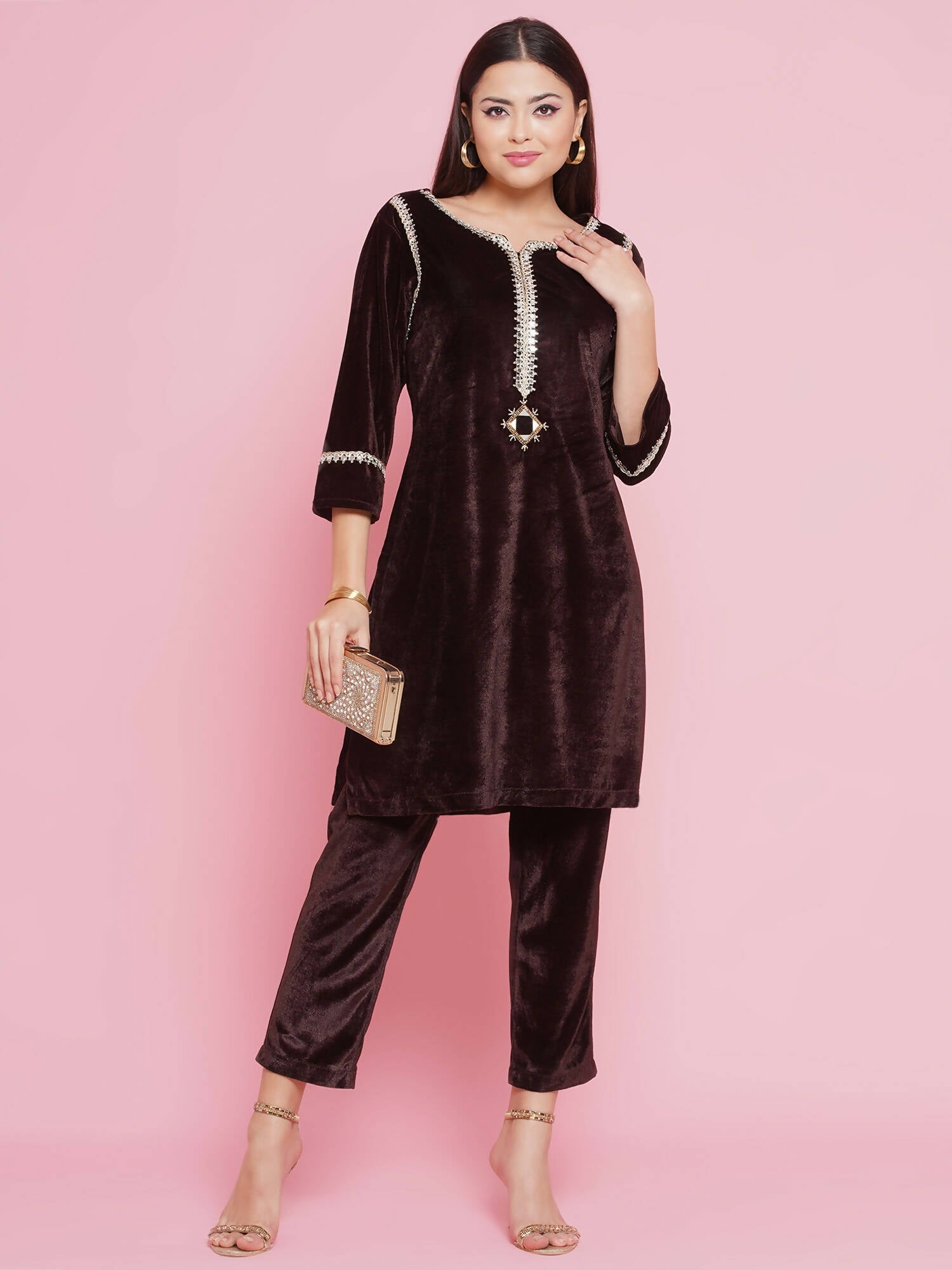 Women Republic Brown Velvet Embellished Co-Ord Set
