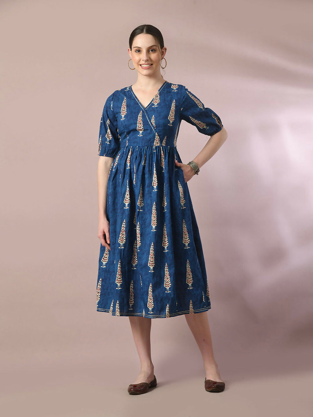 Myshka Women's Blue Printed Cotton V-Neck Empire Party Dress
