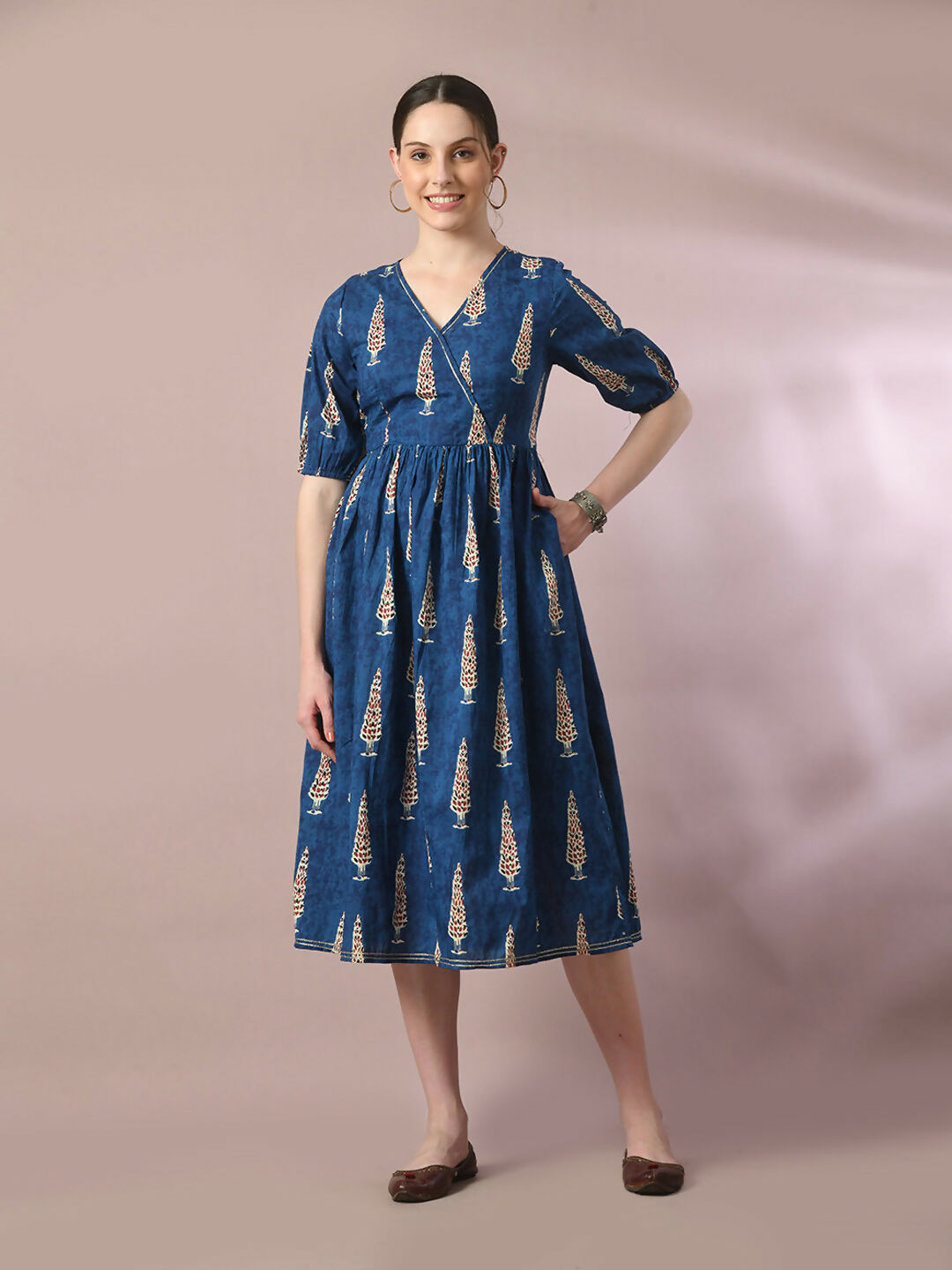 Myshka Women's Blue Printed Cotton V-Neck Empire Party Dress