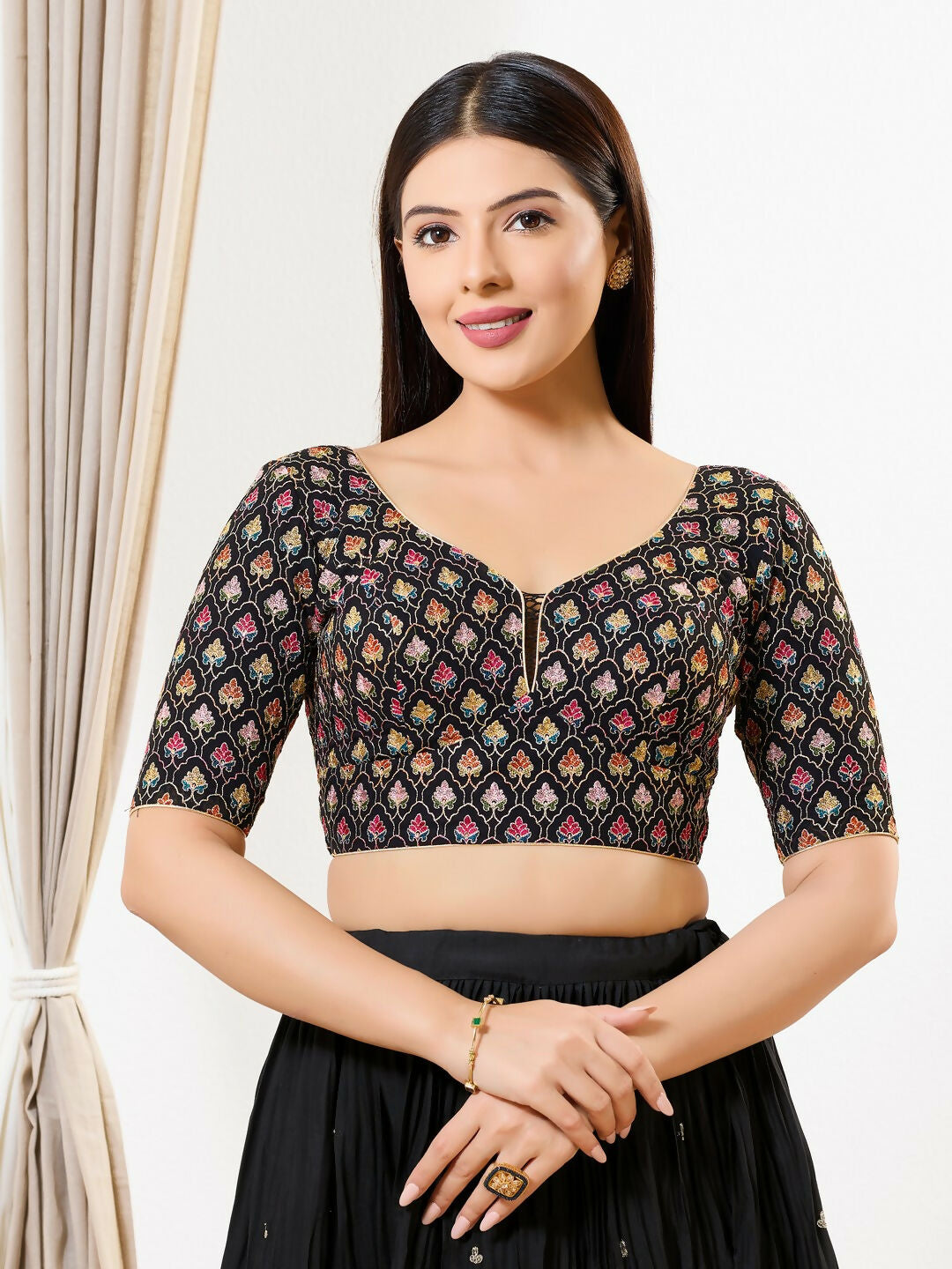 Joban Fashion Black Silk Padded Blouse With Sweetheart Neck Elbow Sleeves