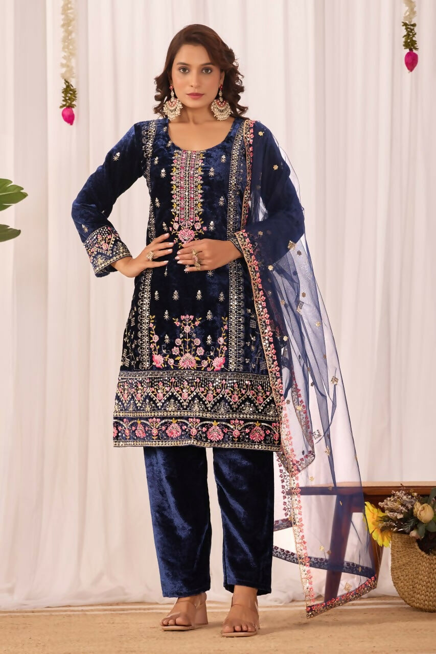 Teeya Creation Blue Color Velvet Embroidery Work Wedding Wear Salwar Suit