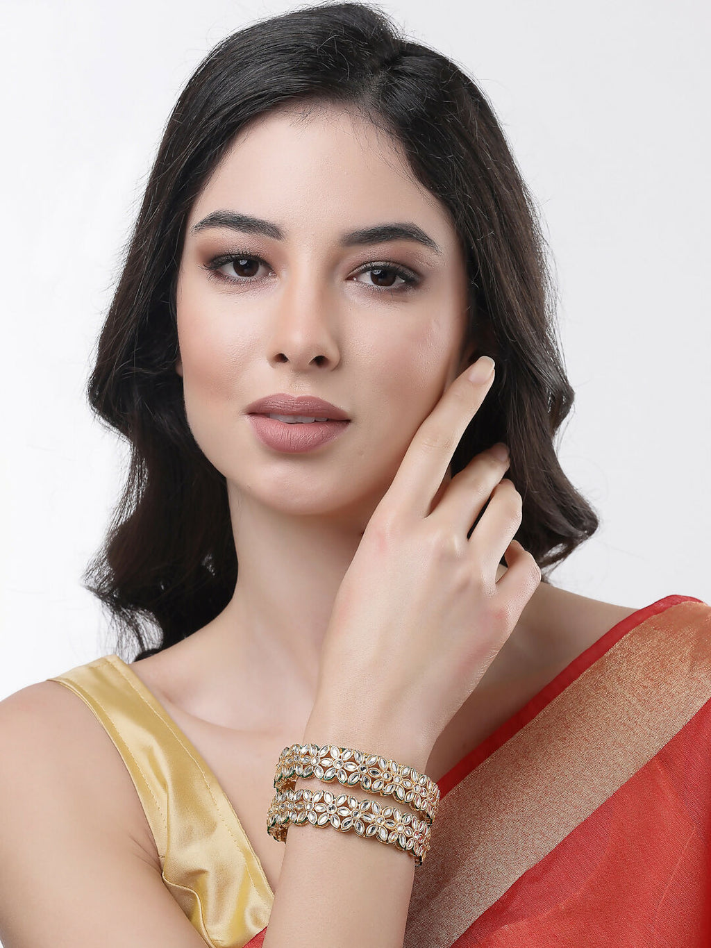 NVR Women Set of 2 Gold-Polished Kundan Studded Bangles