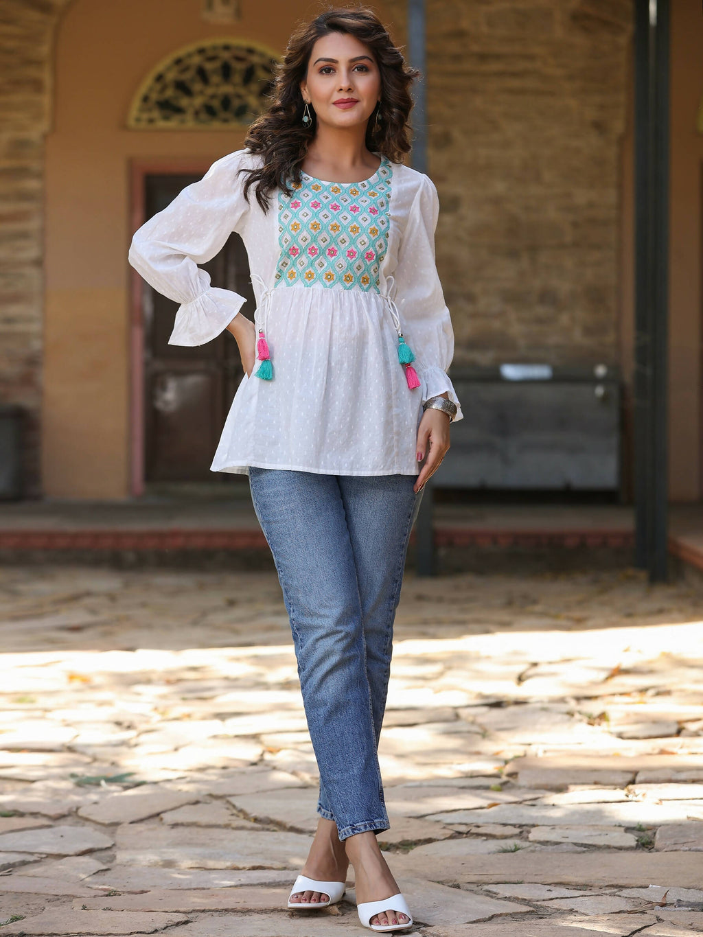 Juniper Women's White Cotton Dobby Solid With Multi Color Embroidered Tunic