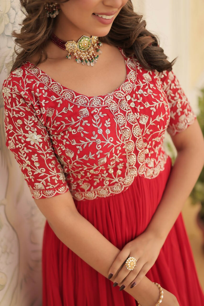 Vastranavya Faux Blooming with Embroidery Zari Sequins-work Gown - Red