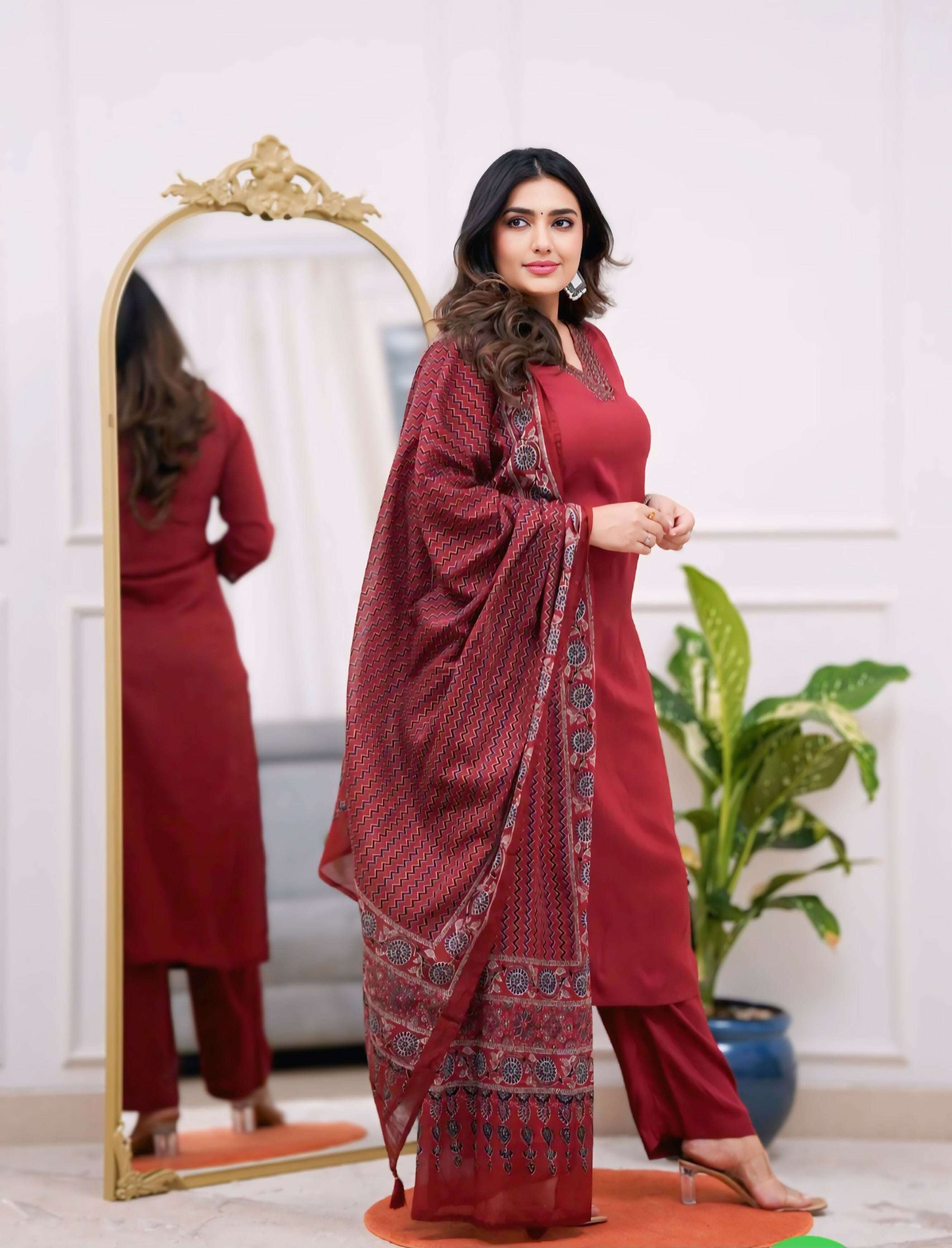 The52 Maroon Women's Gorgeous Parampara Fabric Embroidered Work Straight Kurta Pant and Dupatta Set