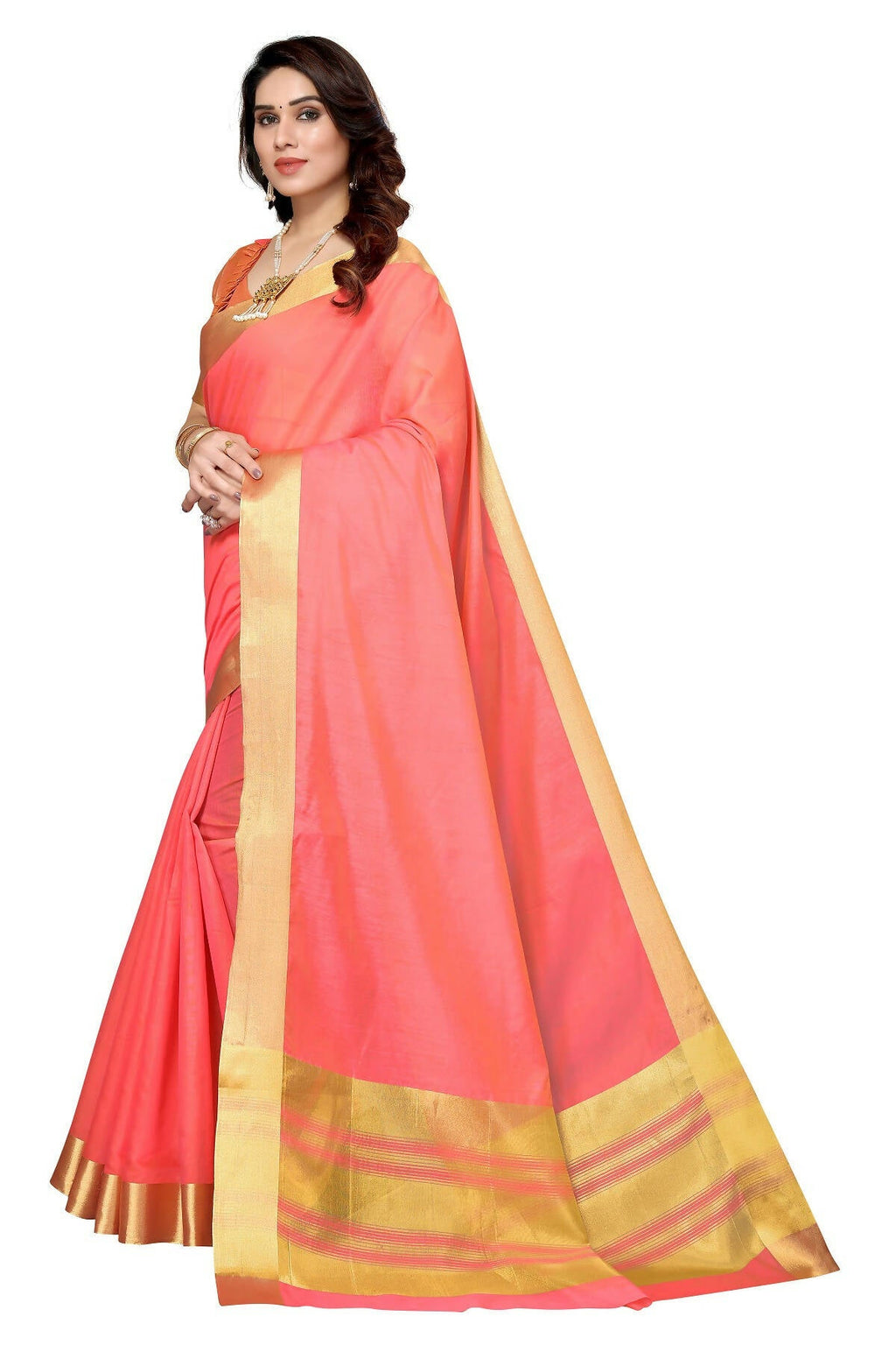 Vamika Peach Cotton Polyester Silk Weaving Saree