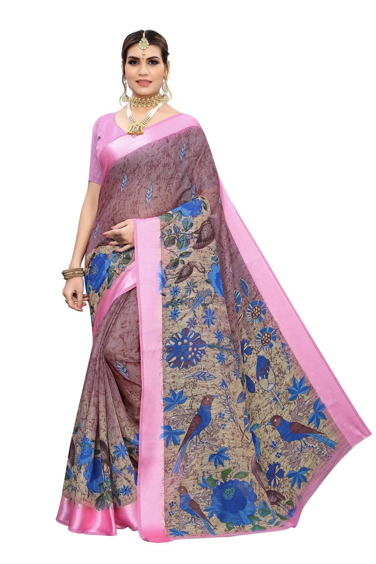Vamika Linen Digital Pink Print with Satin Border Floral Saree