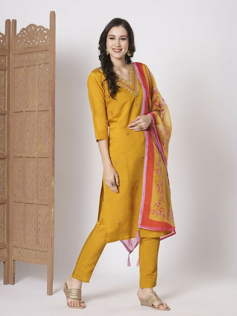Mustard Viscose Chanderi Embroidery Work, Printed Kurta Set - Riya