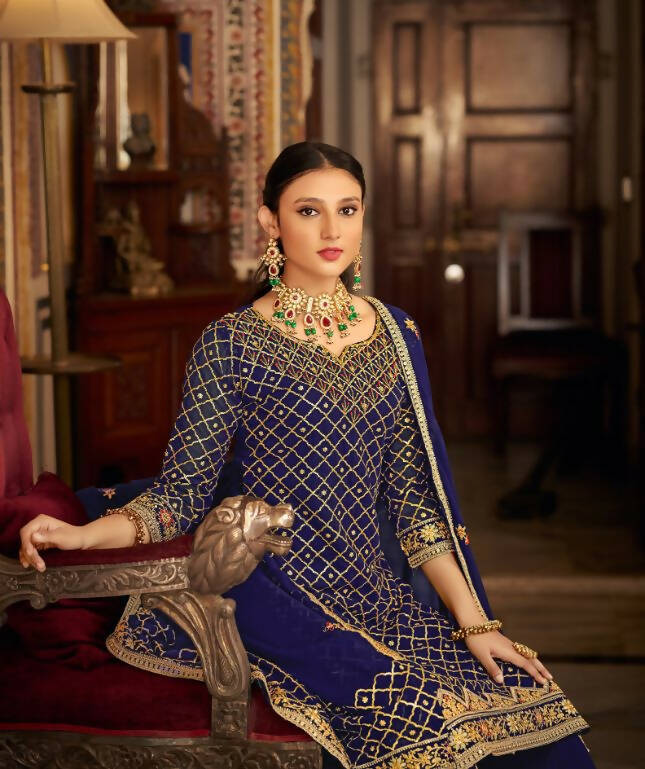 Blue Heavy Chinon Semi Stitched Kurta with Bottom & Dupatta - Dhvani