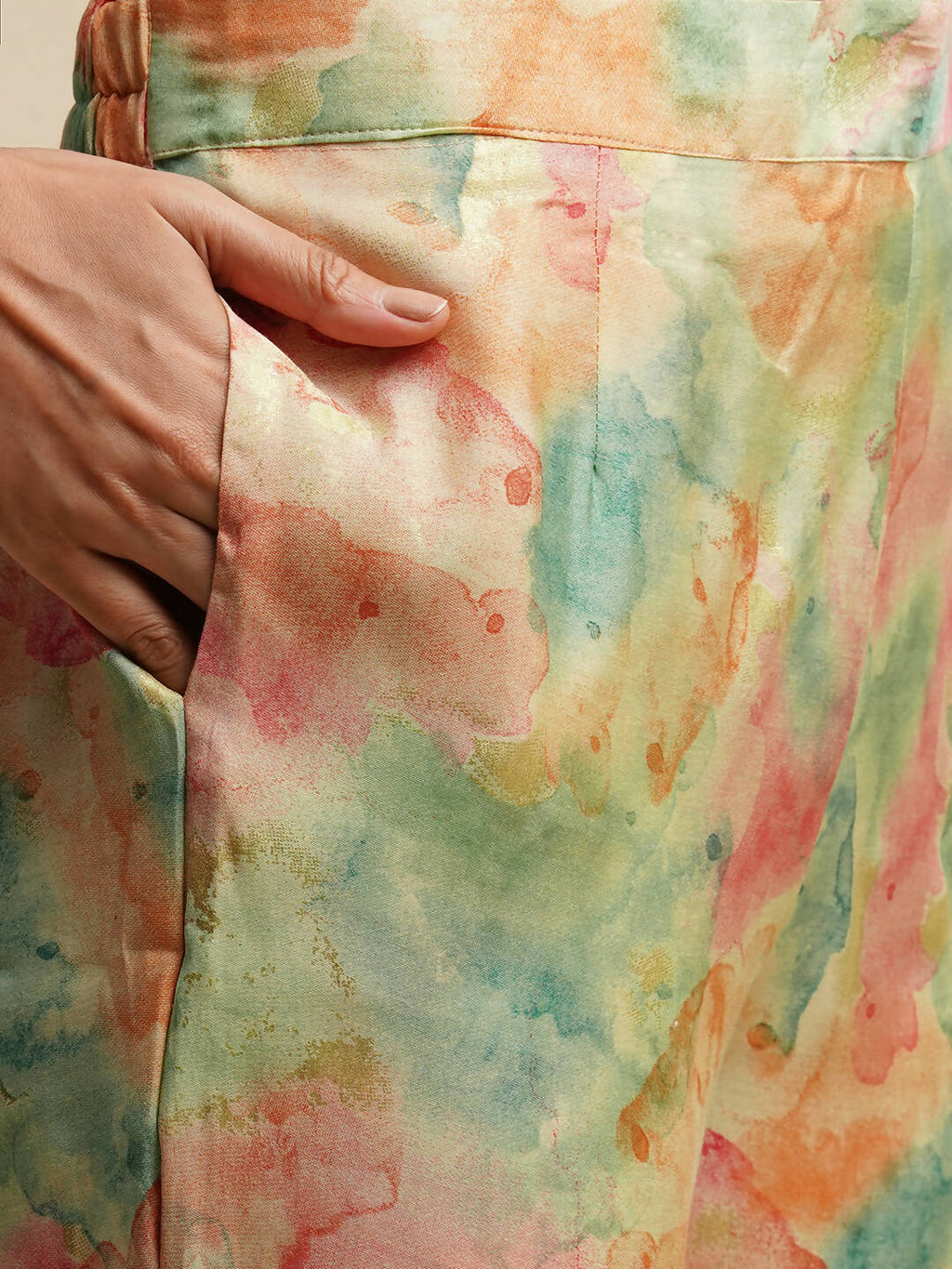 Light Green & Orange Poly Rayon Tie and dye Printed Top with Matching Trouser - Shivani