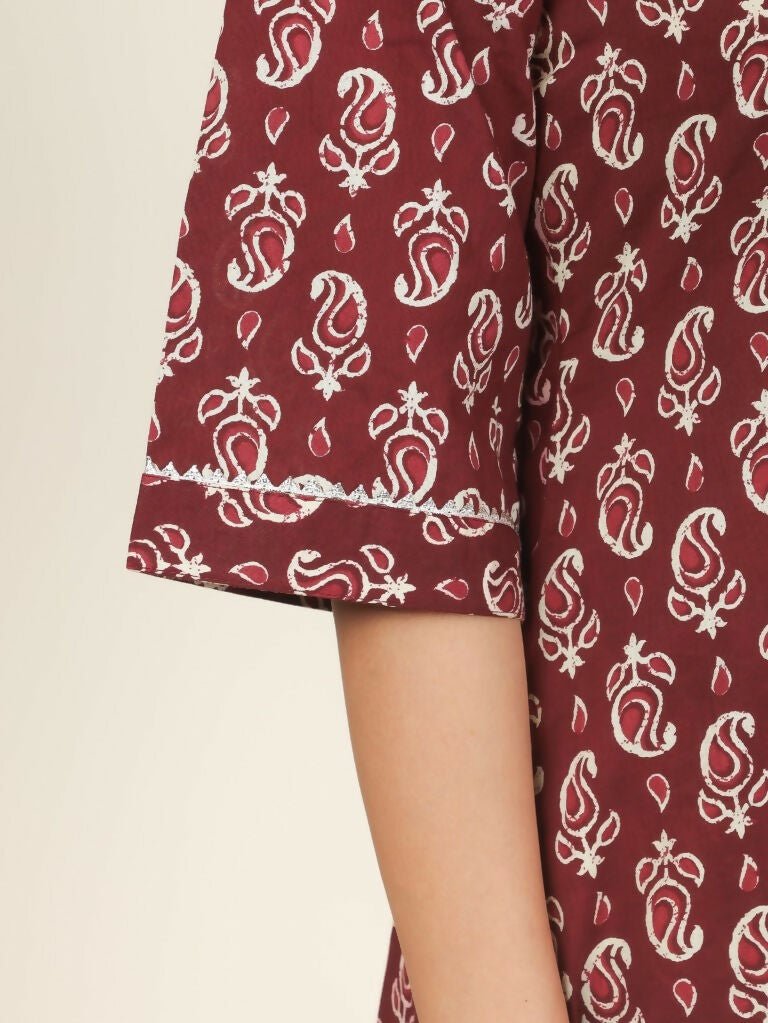 Aramya Straight Soft Cotton Block Print Women's Kurta Set - Brown
