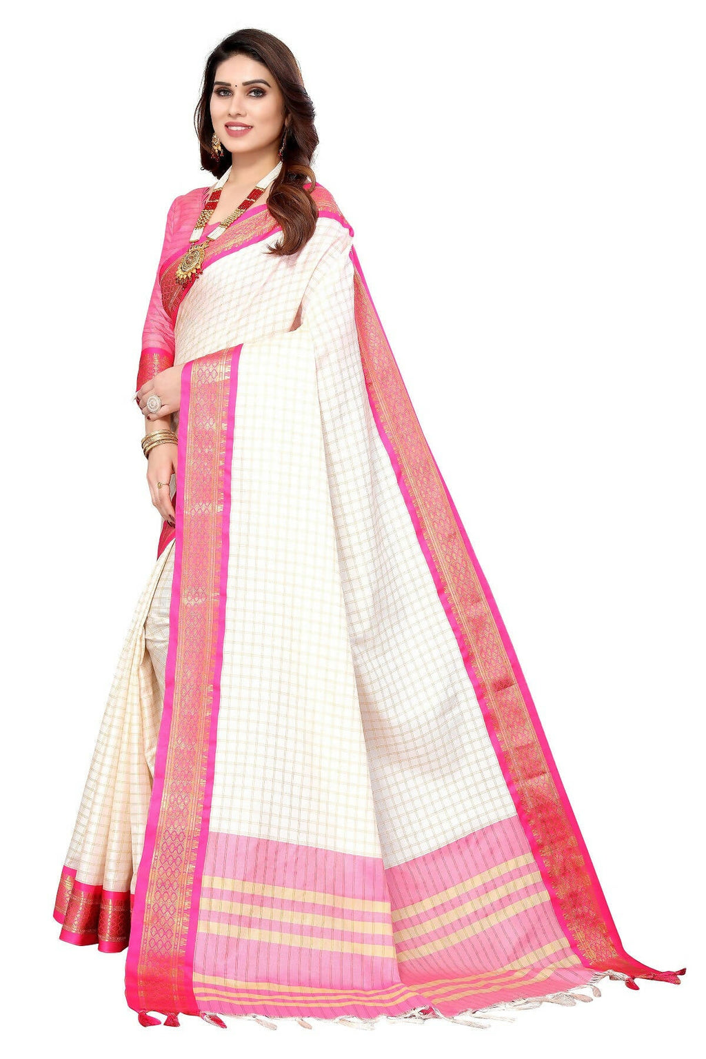 Vamika Weaving White Cotton Silk Saree (DEVAL PINK)