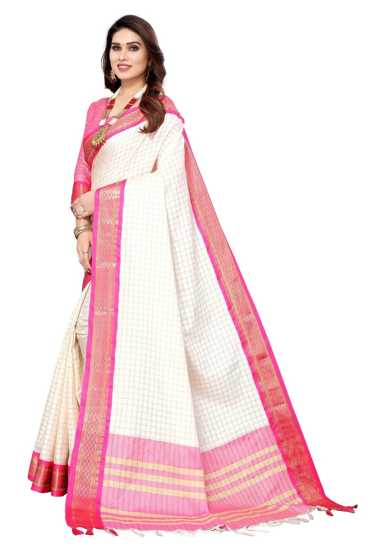 Vamika Weaving White Cotton Silk Saree (DEVAL PINK)