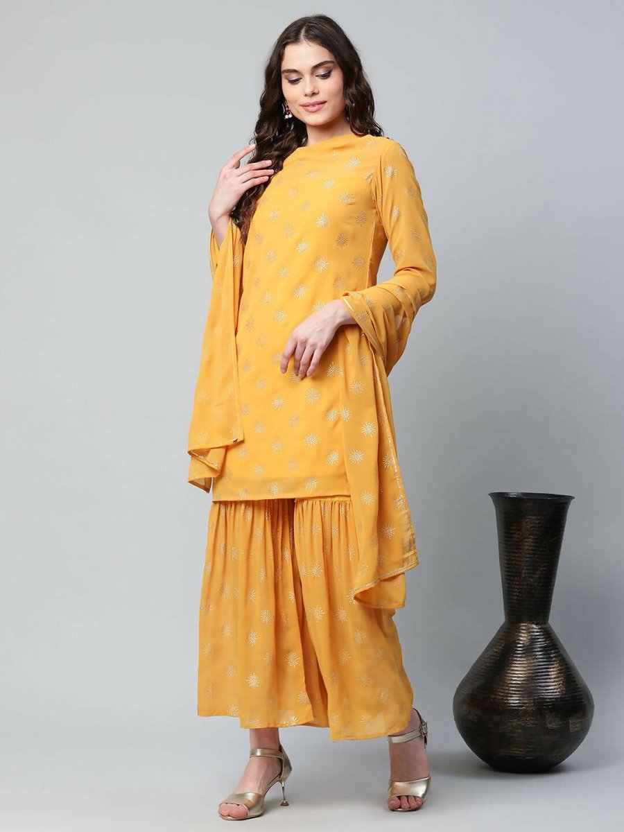 Ahalyaa Womens Mustard Georgette Gold Foil Printed Kurta Sharara Set With Dupatta