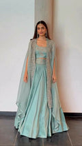 Jyoti Fashion Women's Sky Blue Chinon Sequins with Thread Embroidered Designer Lehenga Choli with Shrug Set