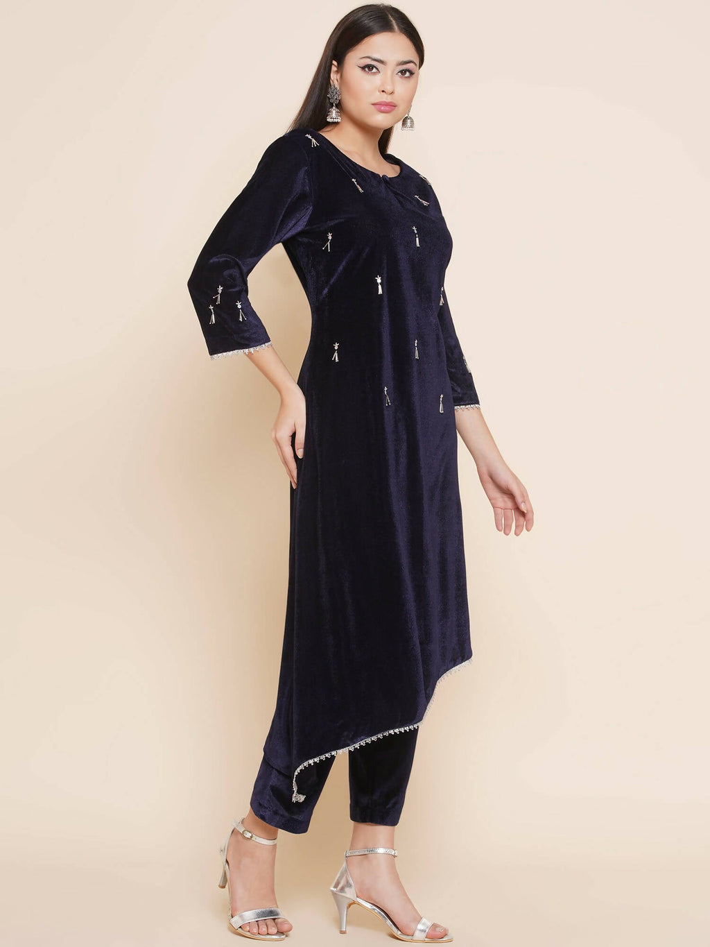 Women Republic Navy Blue Velvet Assymetrical Hand Embellished Kurta With Pants