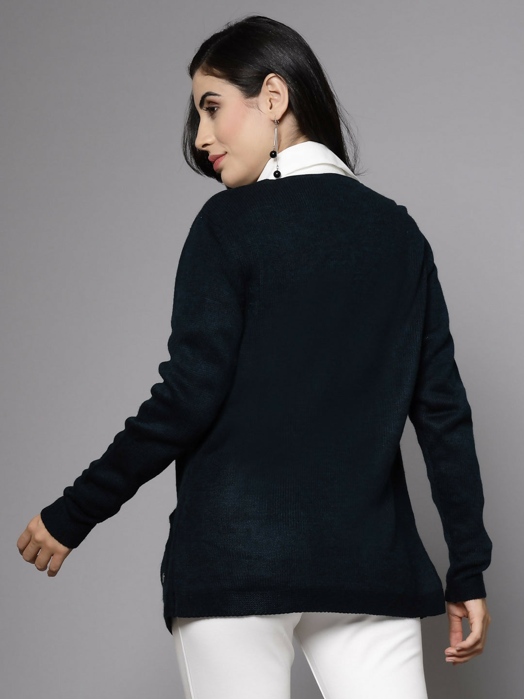Women Teal Acrylic Solid Cardigan - Wool Trees