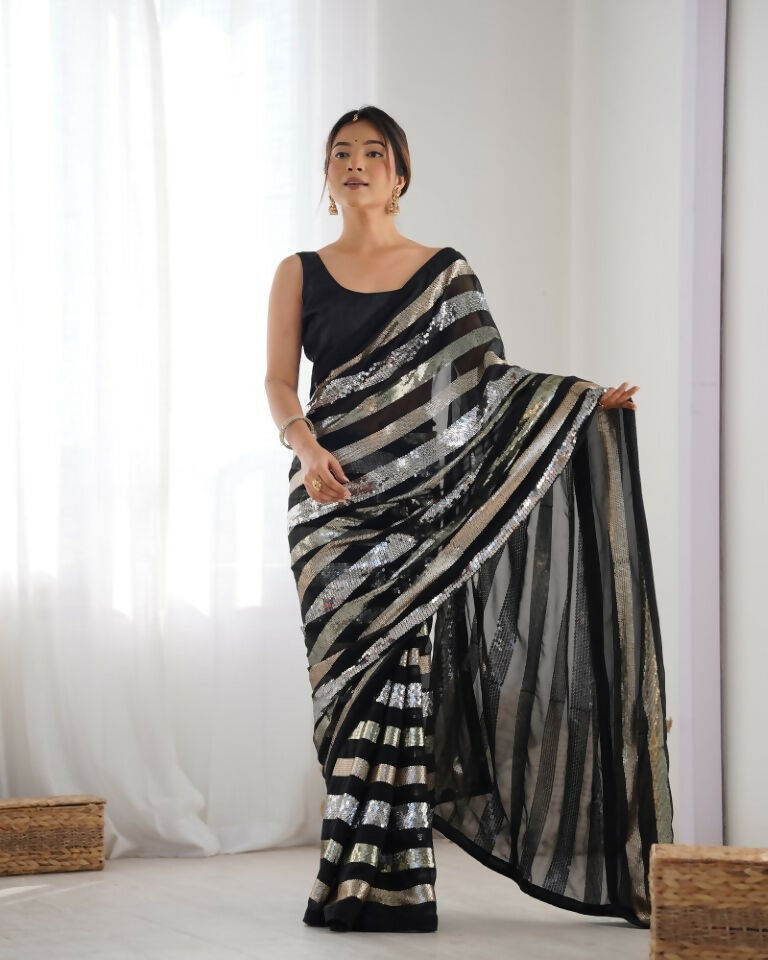 Black Georgette Sequance Embroidery Work Border Saree - Sitare