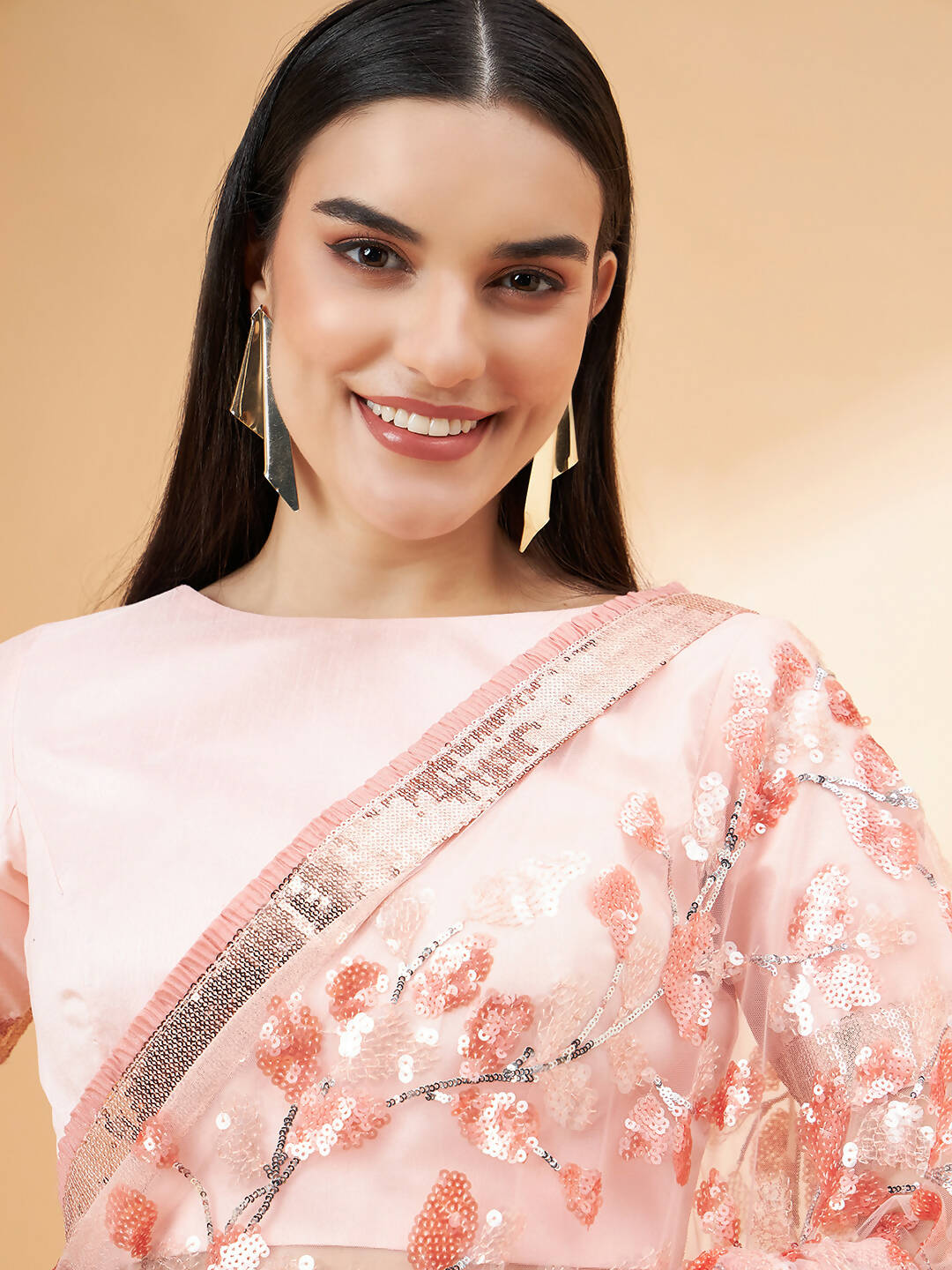 Peach Lycra Sequin Embroidery And Frills Saree - Norita Hit Design