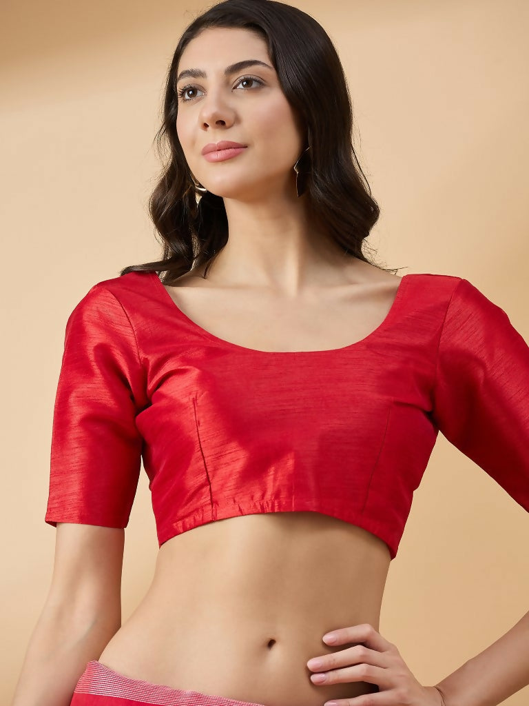Red Cotton Blend Thread Embroidered Saree with Unstitched Blouse - Satya
