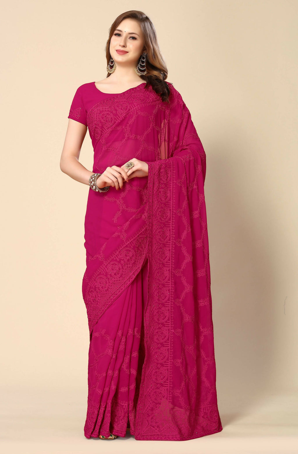 Pink Georgette Embroidered and Stone Work Saree with Unstitched Blouse Piece - Roozal