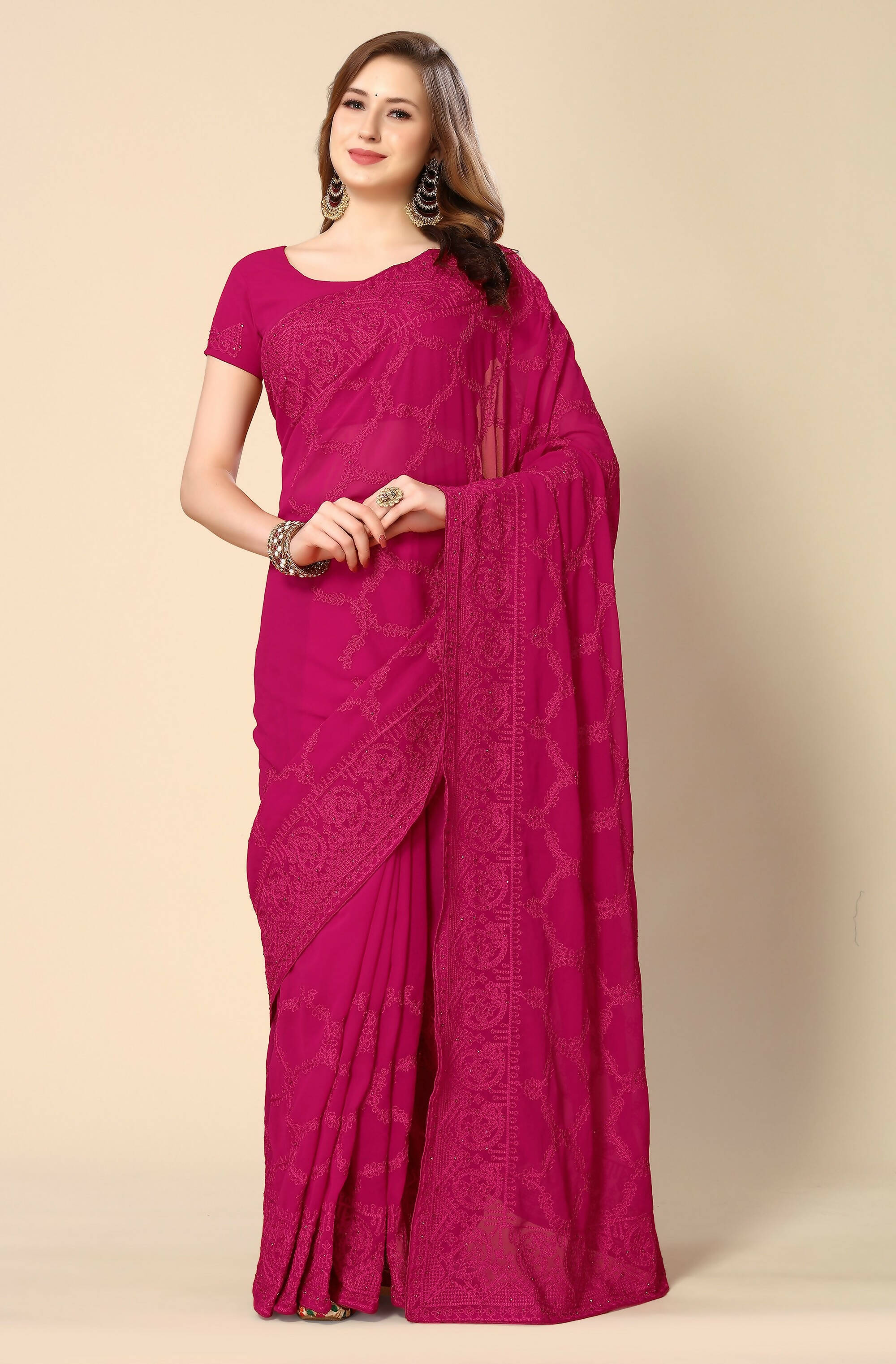 Pink Georgette Embroidered and Stone Work Saree with Unstitched Blouse Piece - Roozal