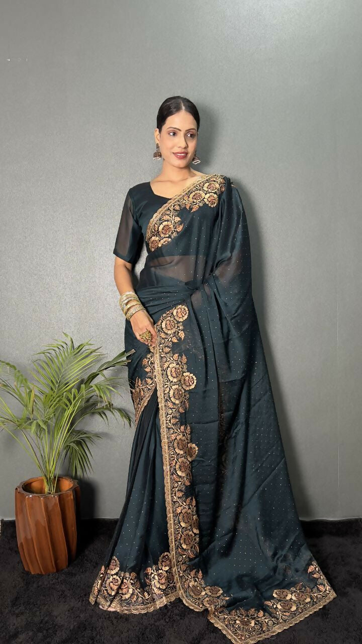 Vastranavya Morpeach Rangoli Silk Zari work with DMC Swarovski work Ready to Wear Saree