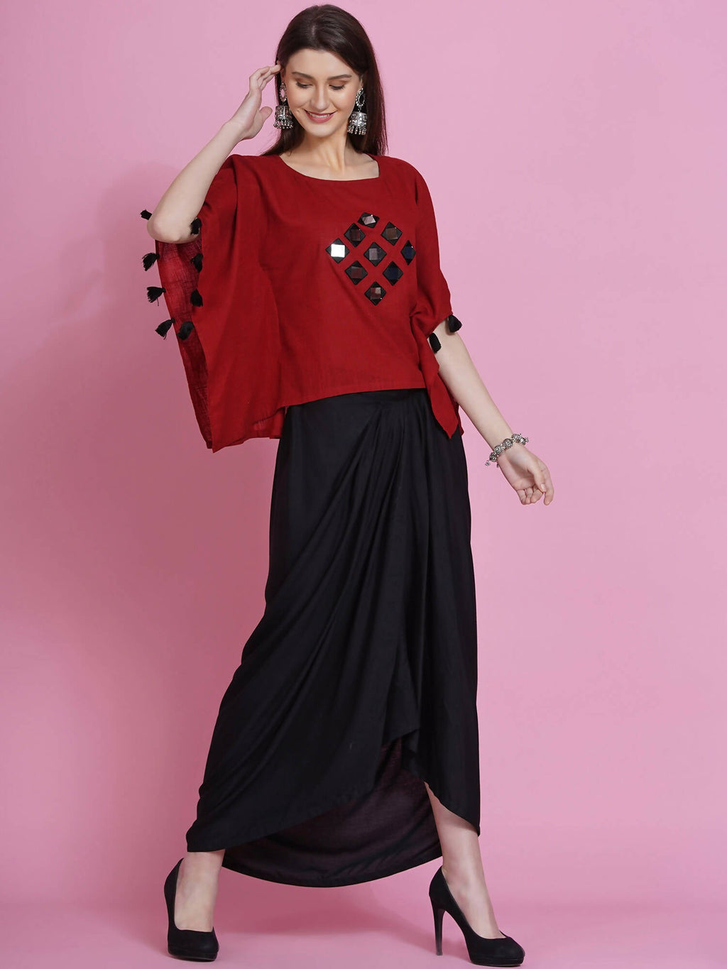 Women Republic Maroon Cotton Kaftan With Dhoti