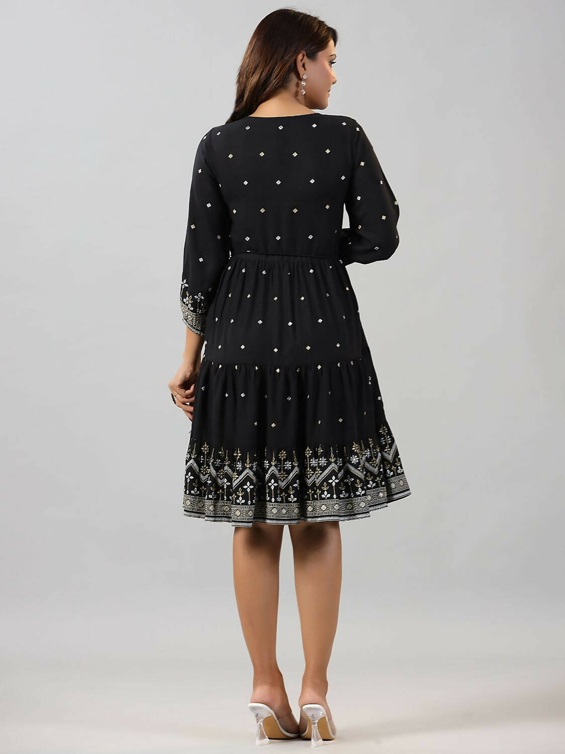 Juniper Women Black Rayon Printed Short Tiered Dress