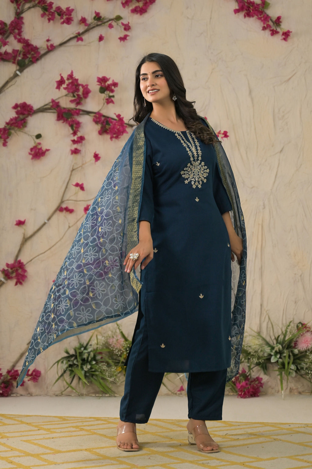 Ethnic Festive Wear Reyon Petrol Stitched Suit With Dupatta - Tanisha