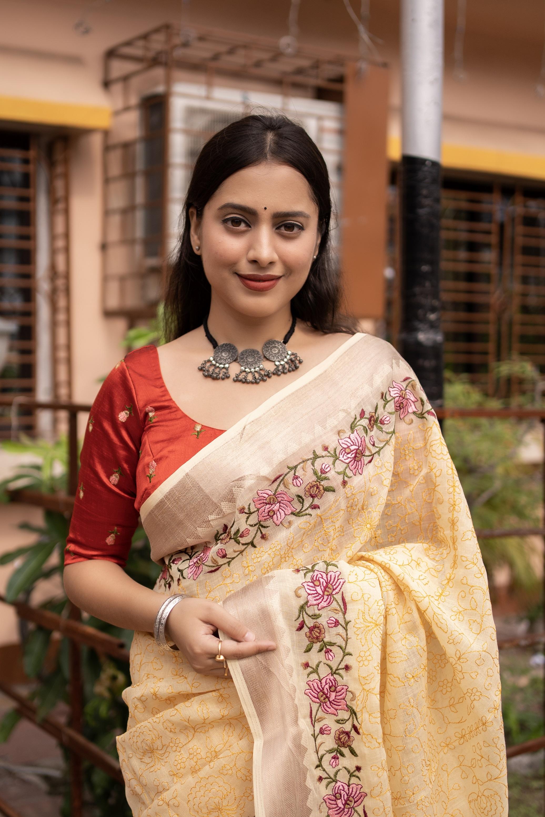 Yellow Pure Linen Woven Design Saree with Unstitched Blouse - Hiral Fashion