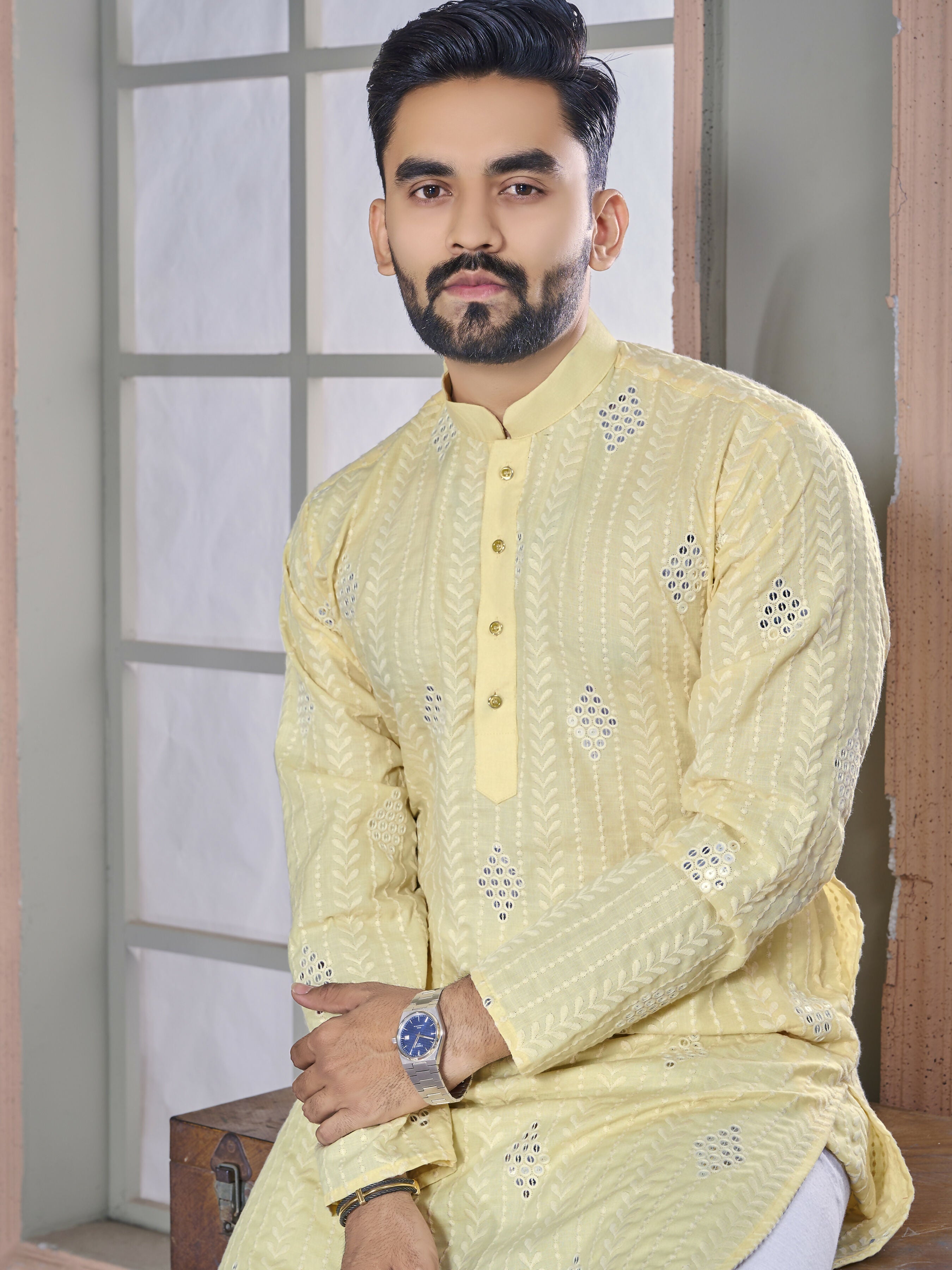 Yellow Linen Men Kurta Pajama Set by Infinity Export