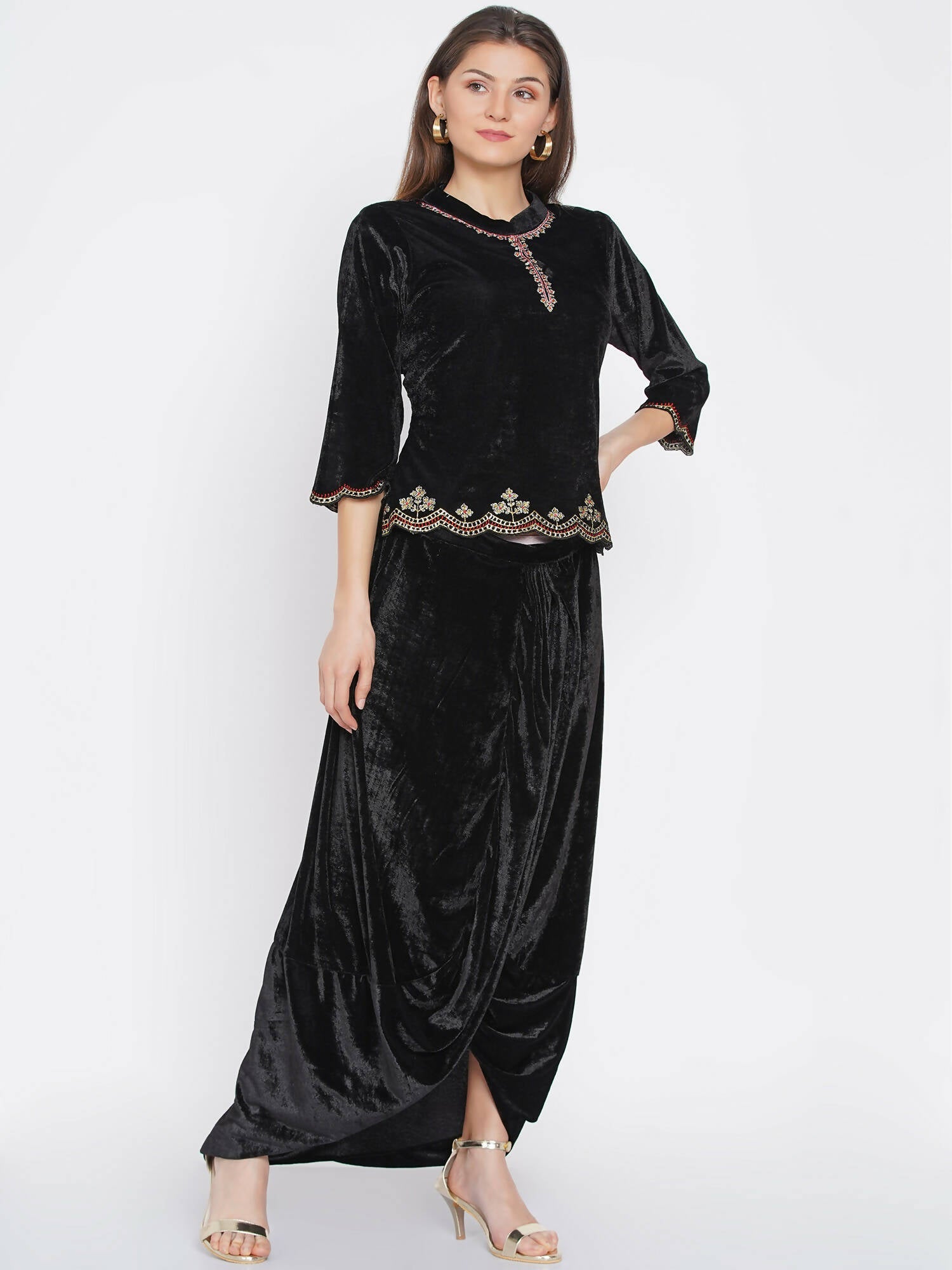 Women Republic Black Velvet Embroiderd Koti With Dhoti Pants