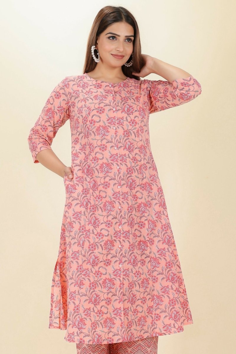 Aramya Pink Soft Cotton Floral A-line Kurta for Women