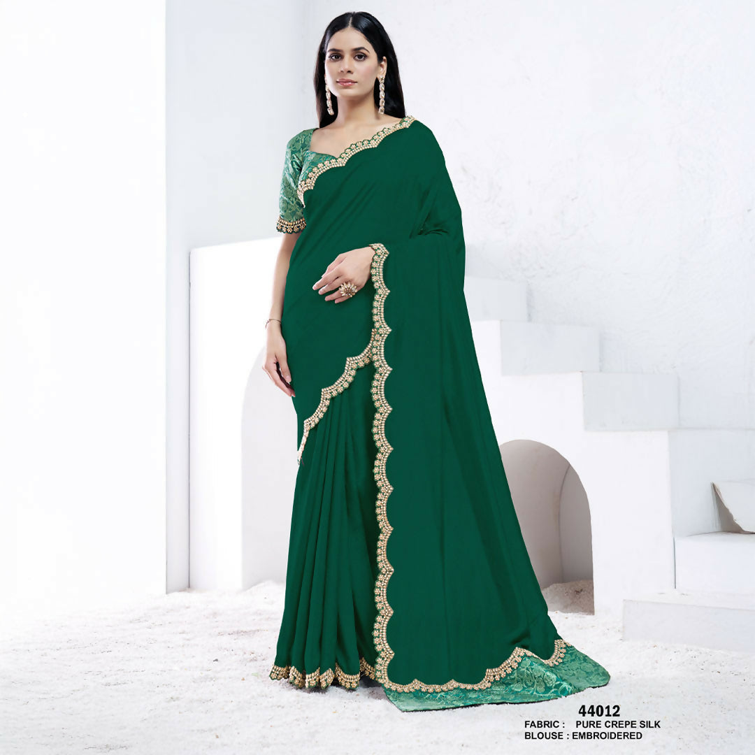 Green Pure Crepe Silk Diamond With Hand Work Saree With Unstitched Blouse - Norita Swaraa